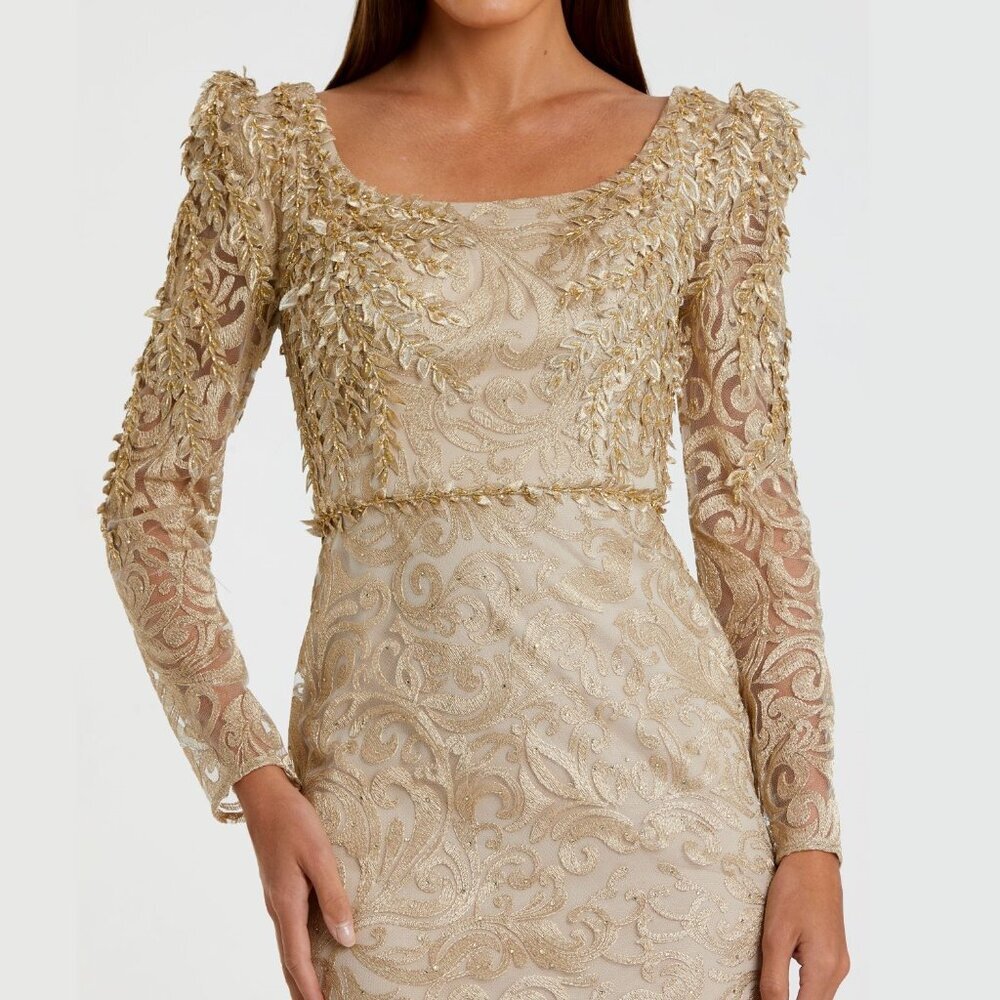 NWT Mac Duggal Gold Embroidered Lace Applique Shoulder Detail Trumpet Gown #8301 - Picture 2 of 8
